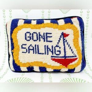 Vintage Needlepoint pillow Gone Sailing nautical two’s company mini navy boat